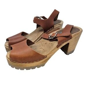 Swedish MIA 38 Brown Leather Wooden Clog Lug Sole Boho Peep Toe Cottage Twee
